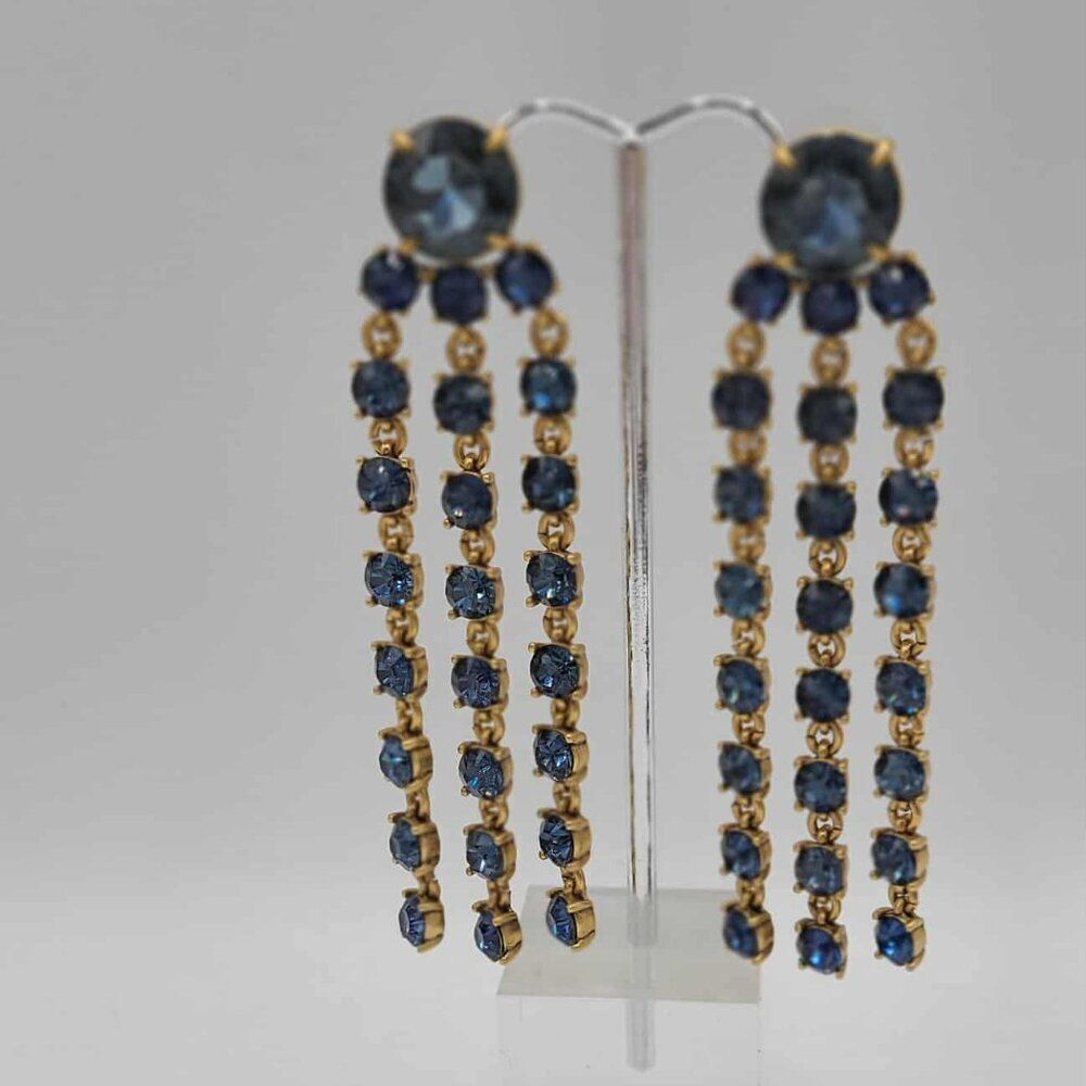 J Crew Blue Crystal Fringe Drop Statement Earrings